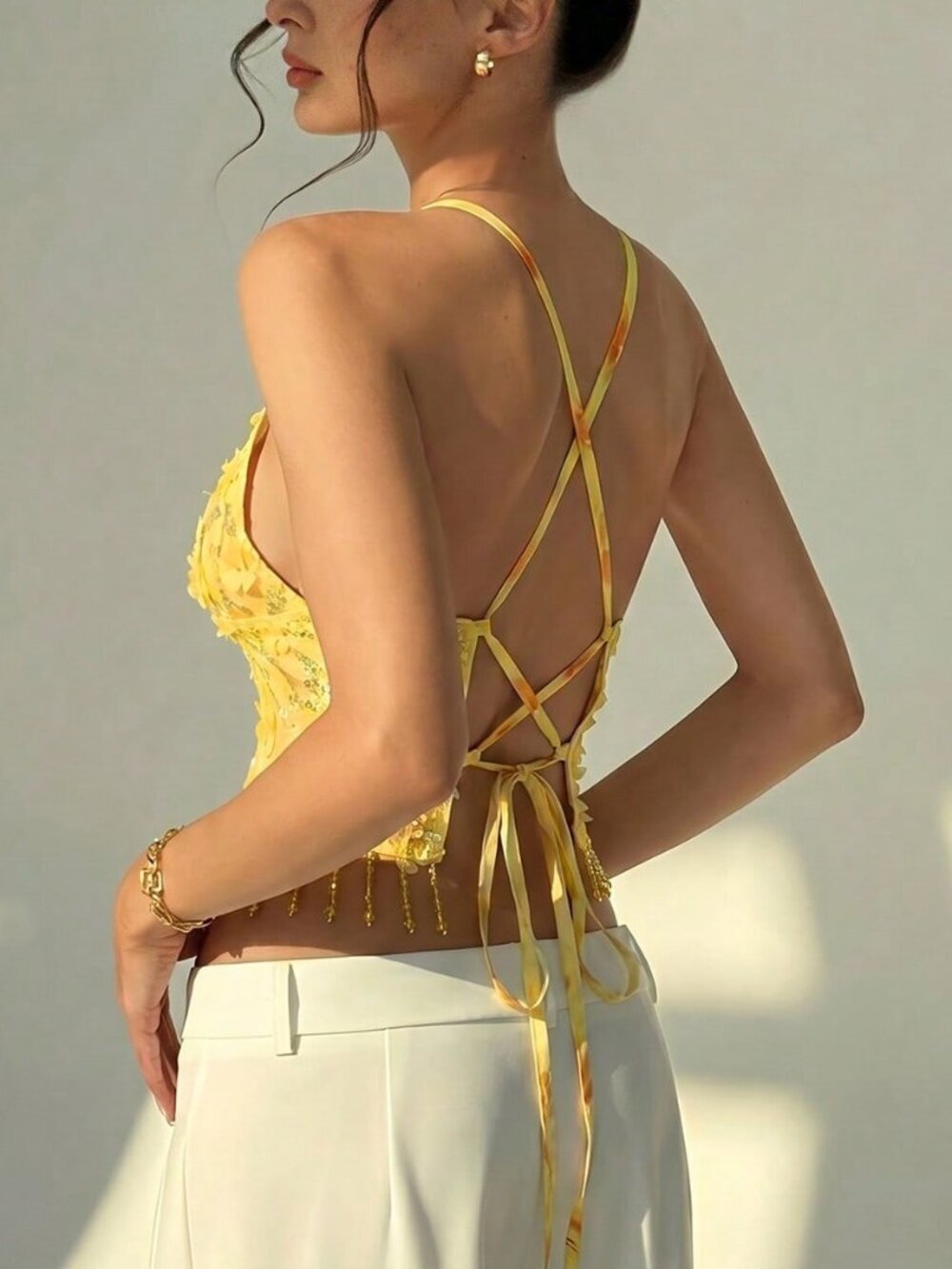 Yellow Boho Women's 3d Floral Decor Fringe Hem Camisole Top - Picture 2 of 7
